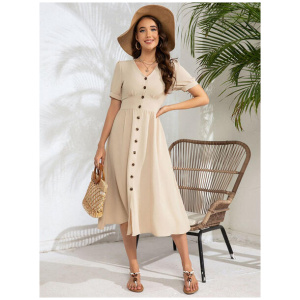 A-Line Dress Short Sleeves Buttons V-Neck Summer Casual Midi Dresses