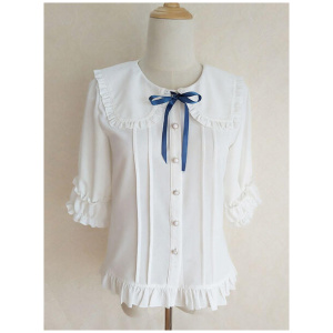 Academic Lolita Blouses Ecru White Lolita Top Half Sleeves Pleated Ruffles Lolita Shirt