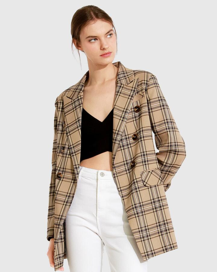 Belle And Bloom Sale | Women's Too Cool For Work Plaid Blazer | Camel | S | SPANDEX Jackets | Afterpay Available