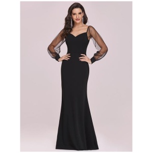 Black Evening Dress 2024 Mermaid V-Neck Satin Fabric Long Sleeves Backless Tulle Satin Fabric Formal Dresses Wedding Guest Dresses