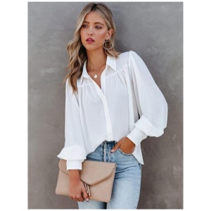 Blouse For Women White V-Neck Casual Long Sleeves Tops