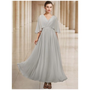 Bridal Mother Dress V-Neck Half Sleeves A-Line Beaded Floor-Length Guest Dresses For Wedding