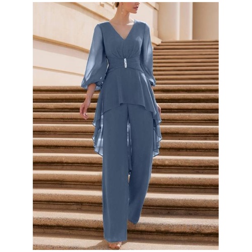 Bridal Mother Dress V-Neck Half Sleeves Jumpsuit Ruffles Floor-Length Guest Dresses For Wedding