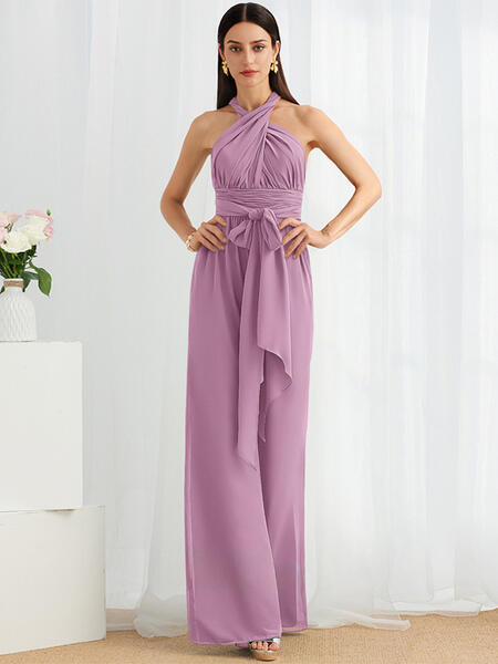 Bridesmaid Dress Jumpsuit Floor-Length Zipper Chiffon Formal Gowns