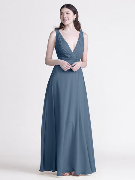 Bridesmaid Dress V-Neck Ruching Chiffon A-Line Wedding Party Maxi Dresses