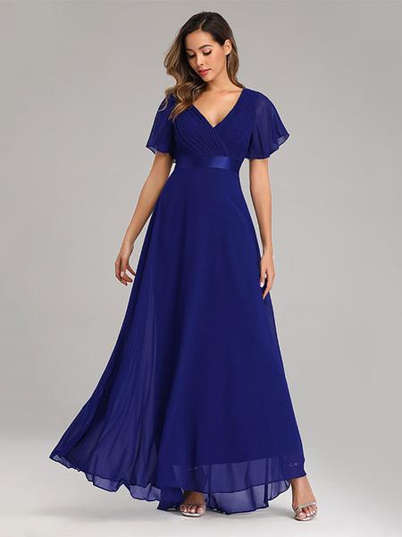 Chiffon Prom Dresses V-Neck Short Sleeves Semi Formal Maxi Dress