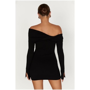 Clover Off Shoulder Knit Mini Dress - Black