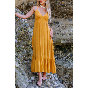 Cupshe Mustard Sleeveless V-Neck Flounce Hem Maxi Dress - Yellow,S