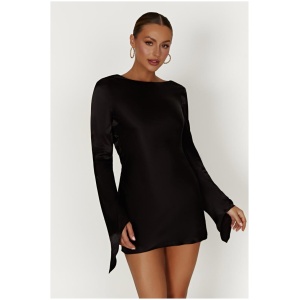 Davina Satin Long Sleeve Mini Dress - Black