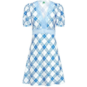 Emma Mulholland On Holiday Sale Women's Hibiscus Plaid Mini Dress Blue/White Blue / XS Designer Mini Dresses Afterpay Available