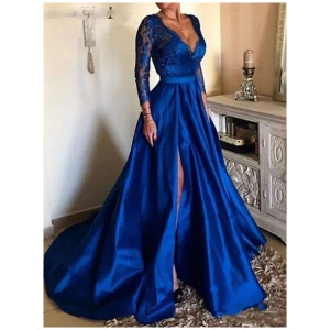 Evening Dress 2024 Ball Gown V-Neck 3/4 Length Sleeves Zipper Lace Satin Formal Dresses Free Customization