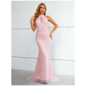 Evening Dress 2024 Mermaid Halter With Train Sleeveless Zipper Lace Formal Party Dresses