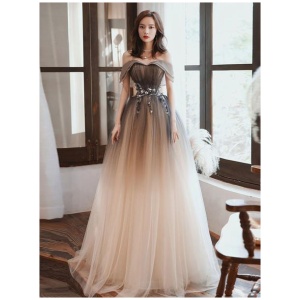 Evening Dress A-Line Bateau Neck Tulle Floor-Length Beaded Formal Dinner Dresses