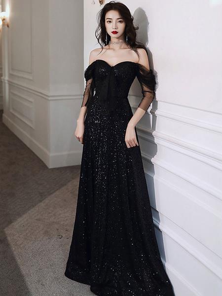 Evening Dress Sheath Bateau Neck Floor-Length 3/4 Length Sleeves Zipper Tulle Formal Dinner Dresses