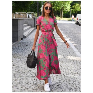 Floral Maxi Dresses Printed Lace Up V-Neck Short Sleeves Front Slit Casual Summer Long