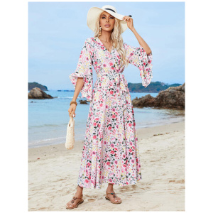 Floral Wrap Dress Flared Sleeves V-Neck Belted Fall Casual Maxi Dresses