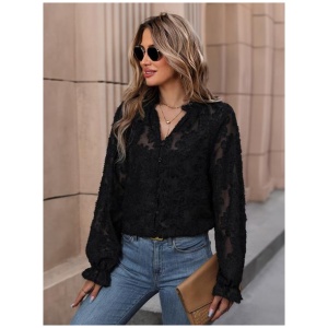 Flroal Applique Blouse V-Neck Long Sleeves Women's Top In Black