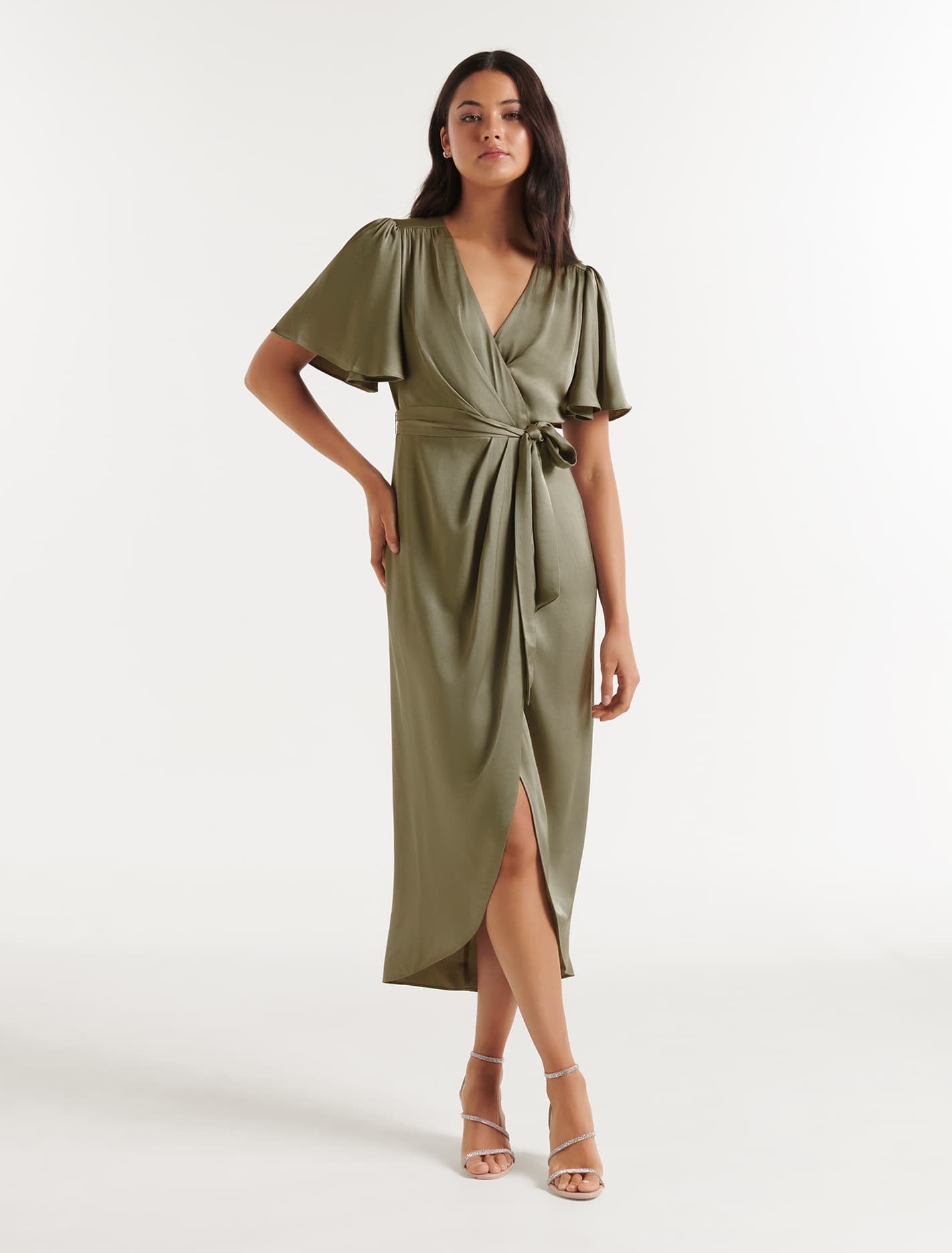 Forever New Women's Carolina Satin Flutter-Sleeve Midi Dress in Sage