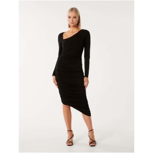 Forever New Women's Kayla Ruched Asymmetrical-Neck Midi Dress in Black