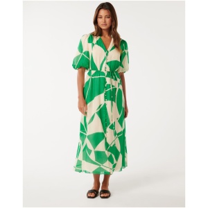 Forever New Women's Loanne Puff-Sleeve Midi Dress in Green Vere Abstract