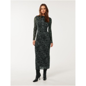 Forever New Women's Loretta Ruched Midi Dress in Green Sepia Snake