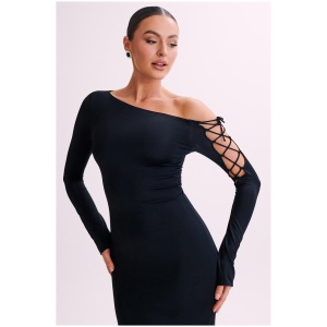 Gabby Tie Sleeve Slinky Maxi Dress - Black