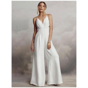 Ivory Bridal Jumpsuit Pockets Floor-Length A-Line V-Neck Sleeveless Wedding Jumpsuit Free Customization