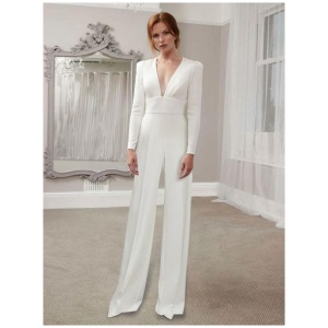 Ivory Bridal Jumpsuit Stretch Crepe Floor-Length A-Line V-Neck Long Sleeves Raised Waist Wedding Jumpsuit