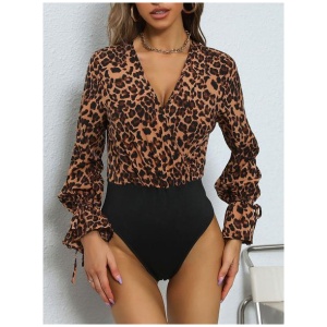 Khaki Bodysuit Long Sleeves Pleated Stretch V-Neck Casual Printed Top For Women