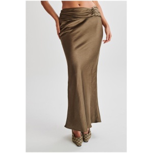 Khalani Ruched Satin Maxi Skirt - Khaki