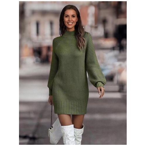 Knitted Dress Long Sleeves High Collar Elegant Mini Dress