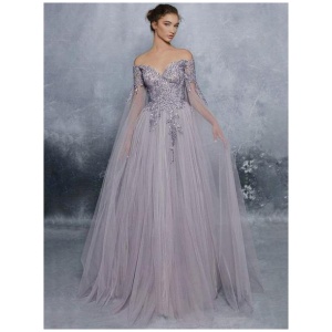 Lavender Prom Dress 2024 A-Line Bateau Neck Long Sleeves Tulle Floor-Length Formal Dresses Wedding Guest Dresses Free Customization