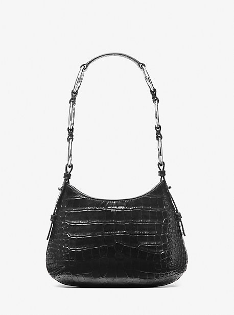 MK Bardot Mini Crocodile Embossed Leather Hobo Shoulder Bag - Black - Michael Kors