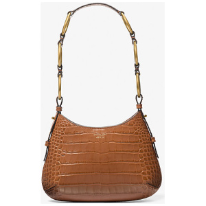 MK Bardot Mini Crocodile Embossed Patent Leather Hobo Shoulder Bag - Brown - Michael Kors