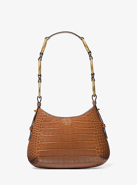 MK Bardot Mini Crocodile Embossed Patent Leather Hobo Shoulder Bag - Brown - Michael Kors