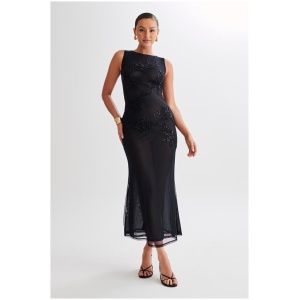 Maeva Embroidered Mesh Maxi Dress - Black