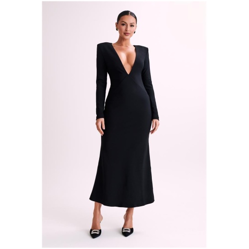 Michaela Long Sleeve Maxi Dress With Shoulder Pads - Black