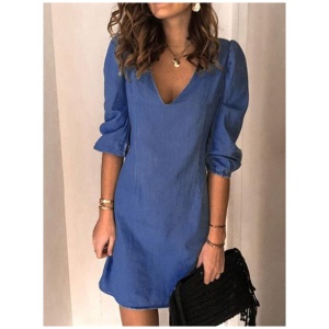 Midi Dress V-Neck Half Sleeves Simple Light Sky Blue Summer Dress