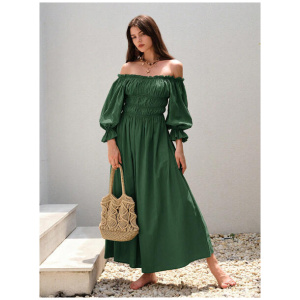 Off The Shoulder Dress Pleated Daily Casual Maxi Dresses In Green