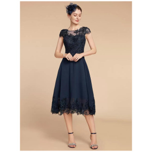 Party Dress For Mother Of The Bride Jewel Neck Cap Sleeves Lace A-Line Tea-Length Wedding Guest Dresses