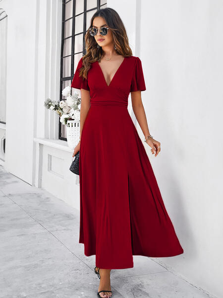 Party Dress V-Neck Short Sleeves Slit Dating Cocktail Maxi Dresses