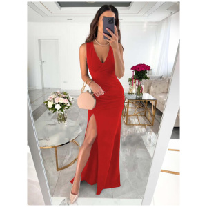 Party Dresses Nude V-Neck Pleated Sleeveless High-slit Semi Formal Dress