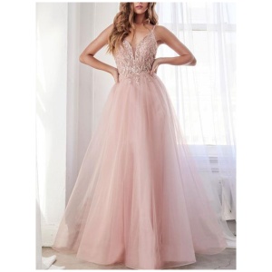 Pink Prom Dress 2024 A-Line V-Neck Sleeveless Polyester Floor-Length Lace Formal Party Dresses Wedding Guest Dresses