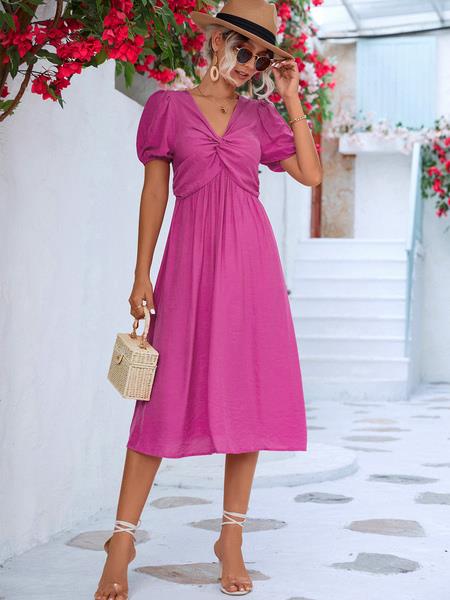 Pleated Casual V-Neck Short Sleeves Midi Dress