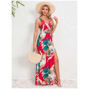 Printed Dress V-Neck Sleeveless Belted High Slit Resort Casual Maxi Dresses