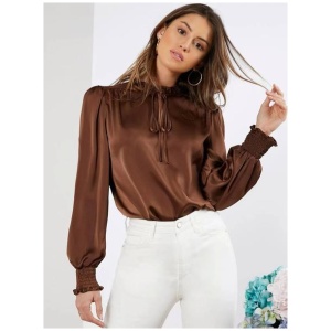 Satin Blouse Round Neck Balloon Sleeves Ruffles Lace Up Women's Top