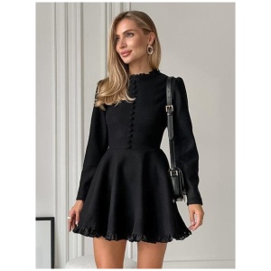 Skater Dresses Long Sleeves Buttons Ruffles Trim Mini Dress