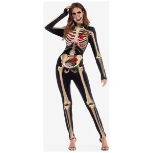 Skeleton And Flower Print Bodysuit Long Sleeve Skinny Catsuit