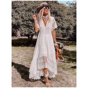 Summer Dress Lace Short Sleeves Buttons Bohemian Long Dresses