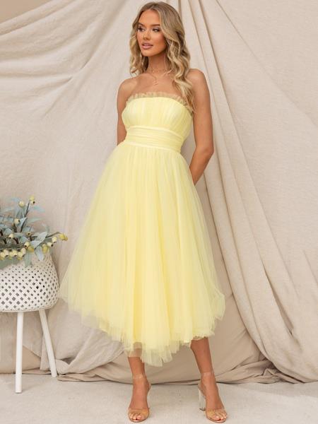 Tulle Dresses Strapless Pleated Off The Shoulder Layered Prom Midi Dress